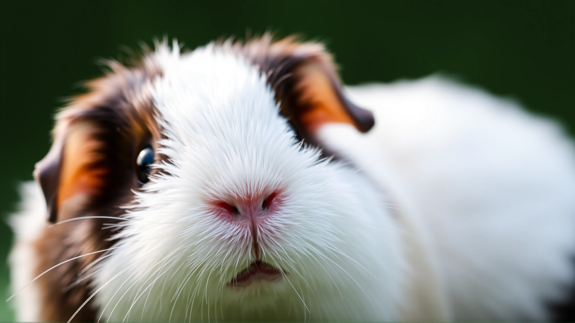 Close-up of a guinea pig looking towards camera with soft lighting and green background, ears clearly visible