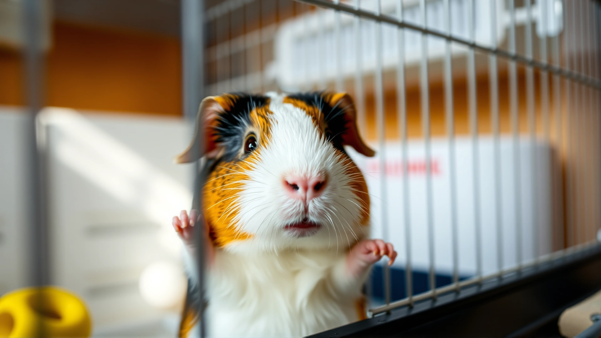 Close-up photo of a curious guinea pig standing on its hind legs inside a clean cage, bright lighting and shallow depth of field