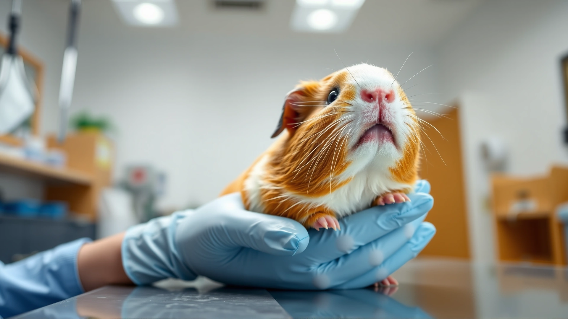 Close-up shot of a guinea pig on a veterinary examination table with the vet’s gloved hands softly holding it, bright and friendly clinic lighting