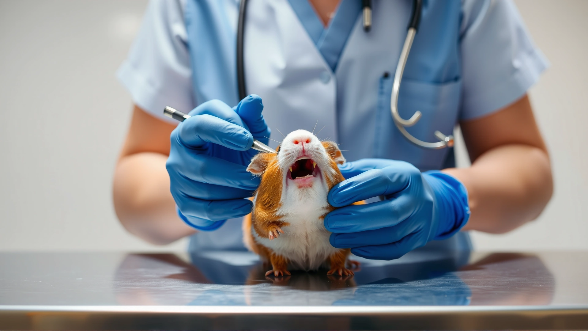 Veterinarian gently examining a guinea pig's mouth on a stainless steel exam table, bright clinic lighting