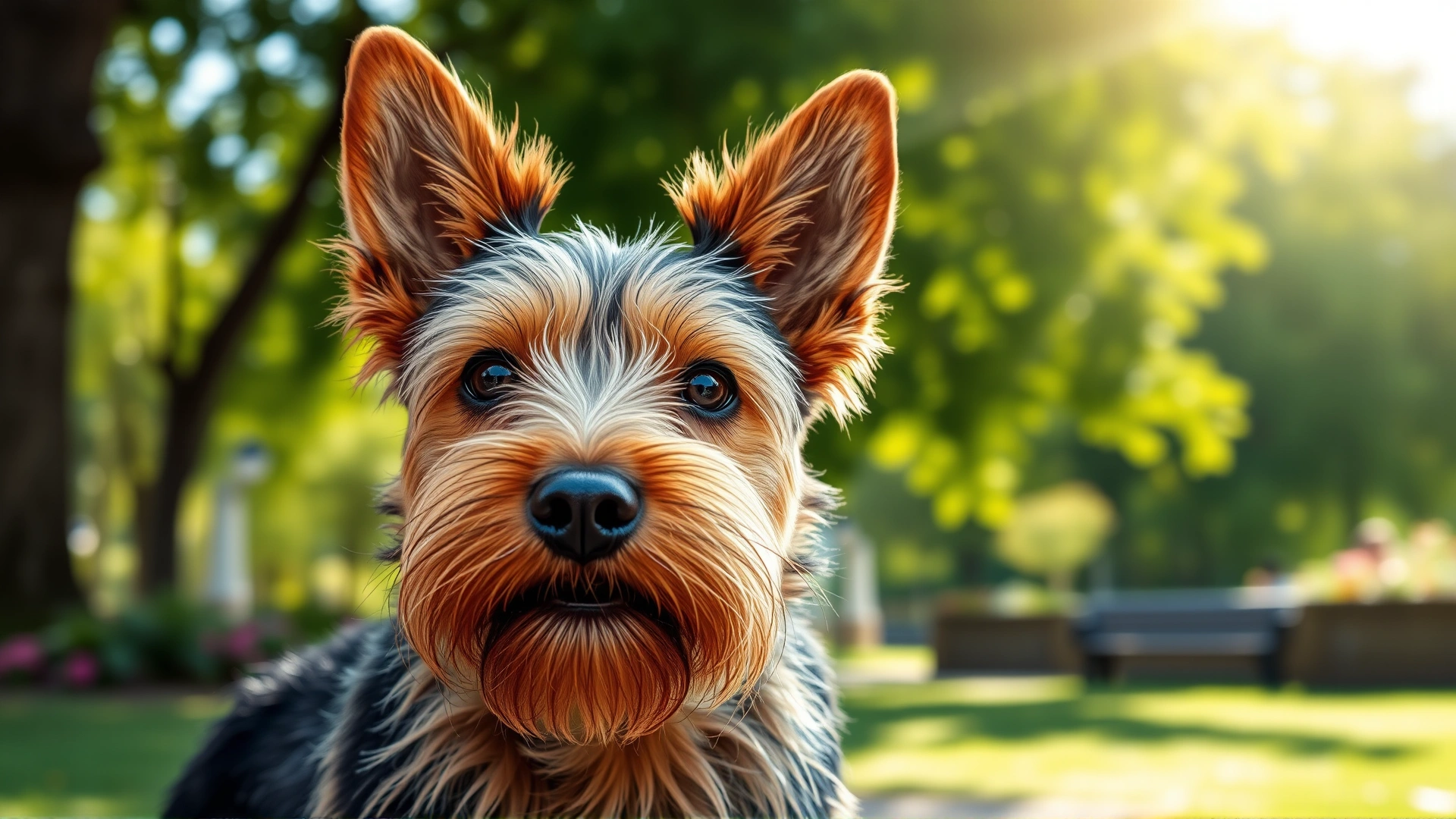 Close-up portrait of a Norwich Terrier looking directly at the camera with a vibrant park background, bright and inviting sunlight