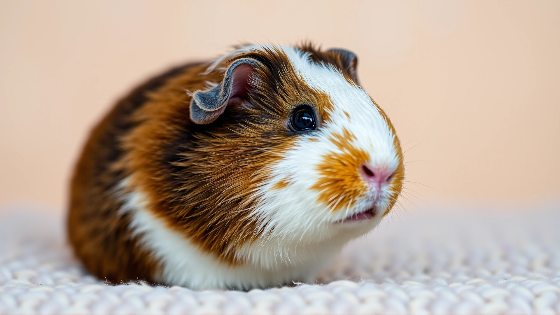 Macro photo of an alert, healthy guinea pig sitting on soft bedding with a neutral blurred background, high resolution, shallow depth of field