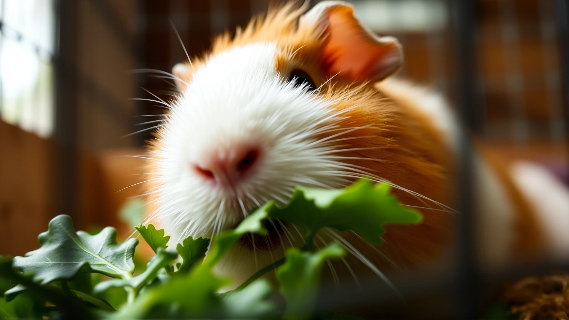 Close-up shot of a guinea pig inside its enclosure eating leafy greens, soft natural lighting, shallow depth of field