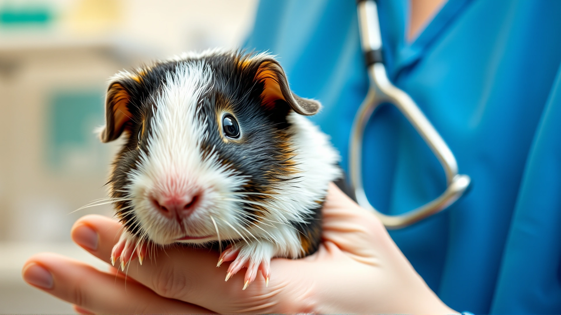 Close-up of a guinea pig being gently held by a veterinarian; stethoscope visible, clinic background softly blurred.