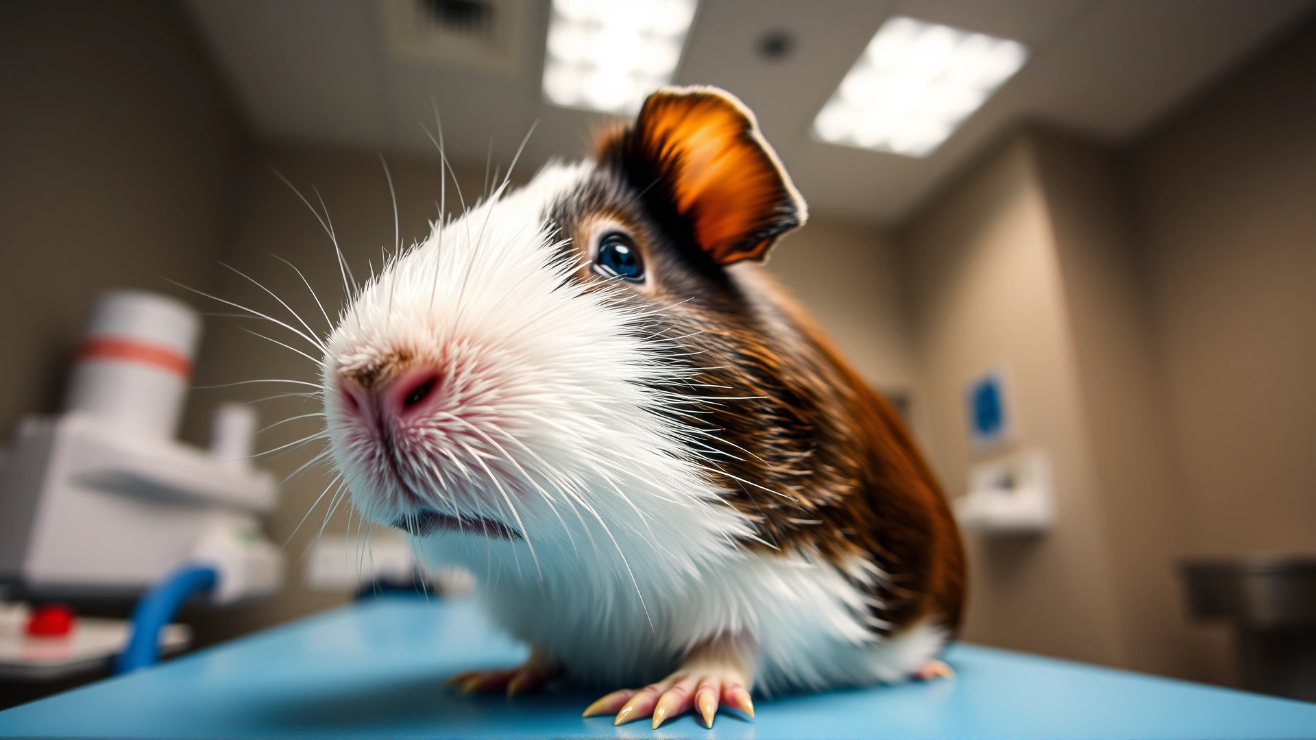 Wide-angle shot of a guinea pig sitting on a veterinarian examination table with a visible small bald patch on its snout, soft clinic lighting background