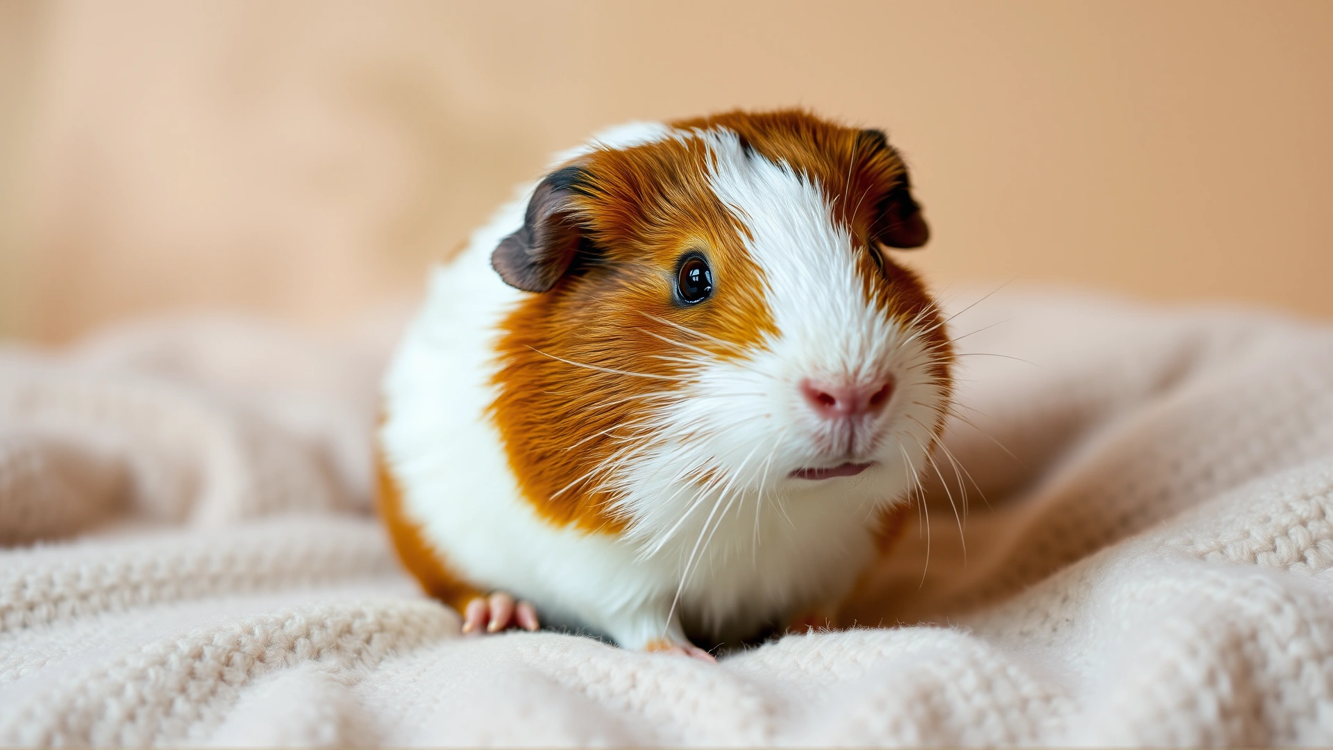 Guinea pig sitting on a soft blanket with a subtle cloudy overlay suggesting respiratory issues, warm lighting and shallow depth of field