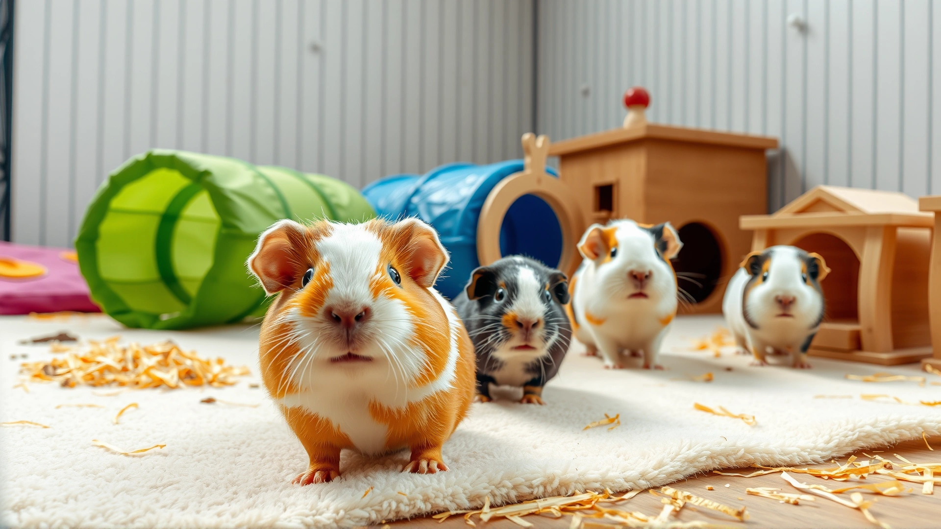 A group of three playful guinea pigs exploring a spacious indoor setup with colorful tunnels, wooden hideouts, and scattered hay on a fleece liner, captured in soft natural light.