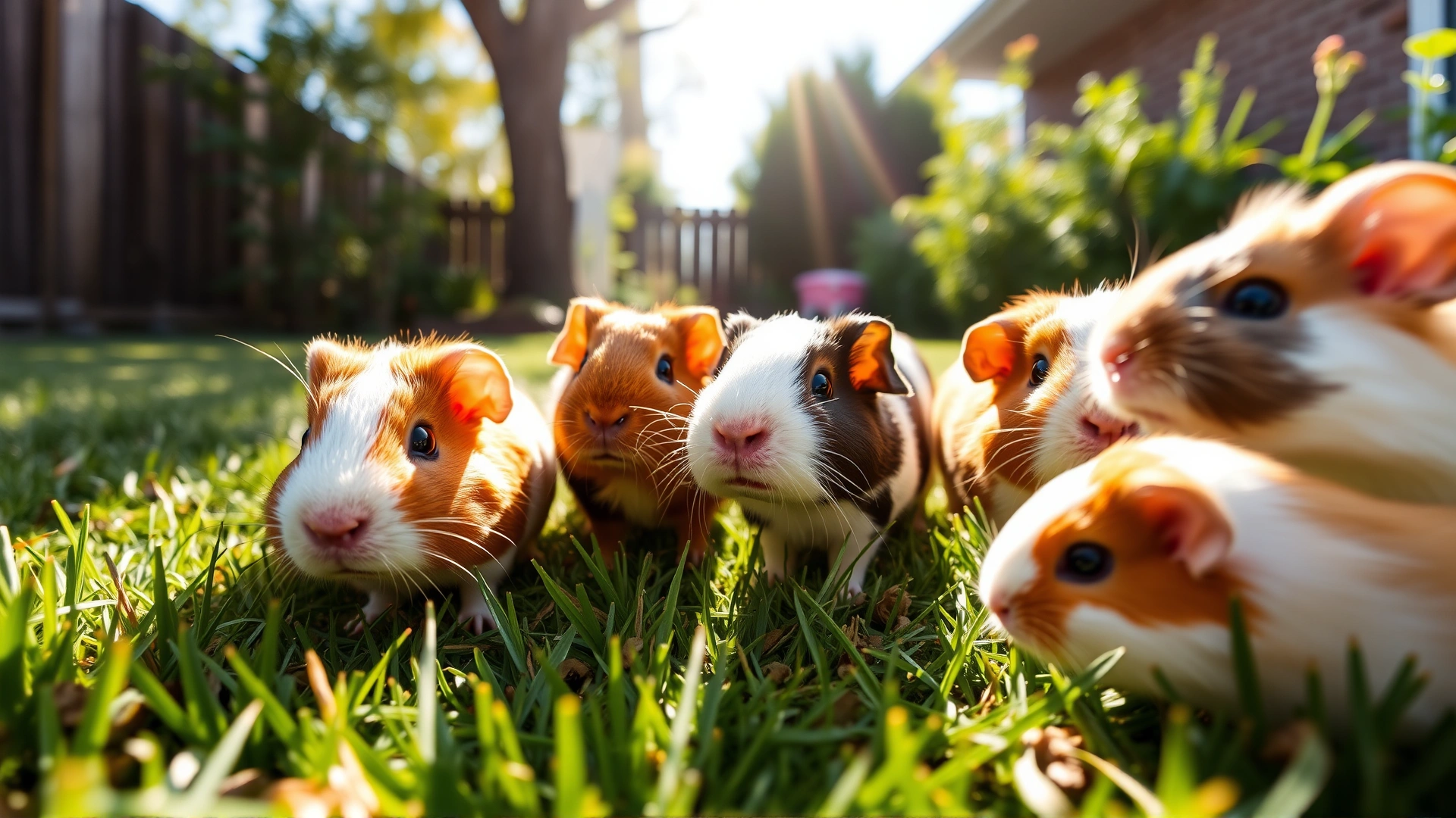 Wide-angle shot of several guinea pigs of various colors exploring a sunlit grassy yard, captured from a low angle to create an inviting banner image