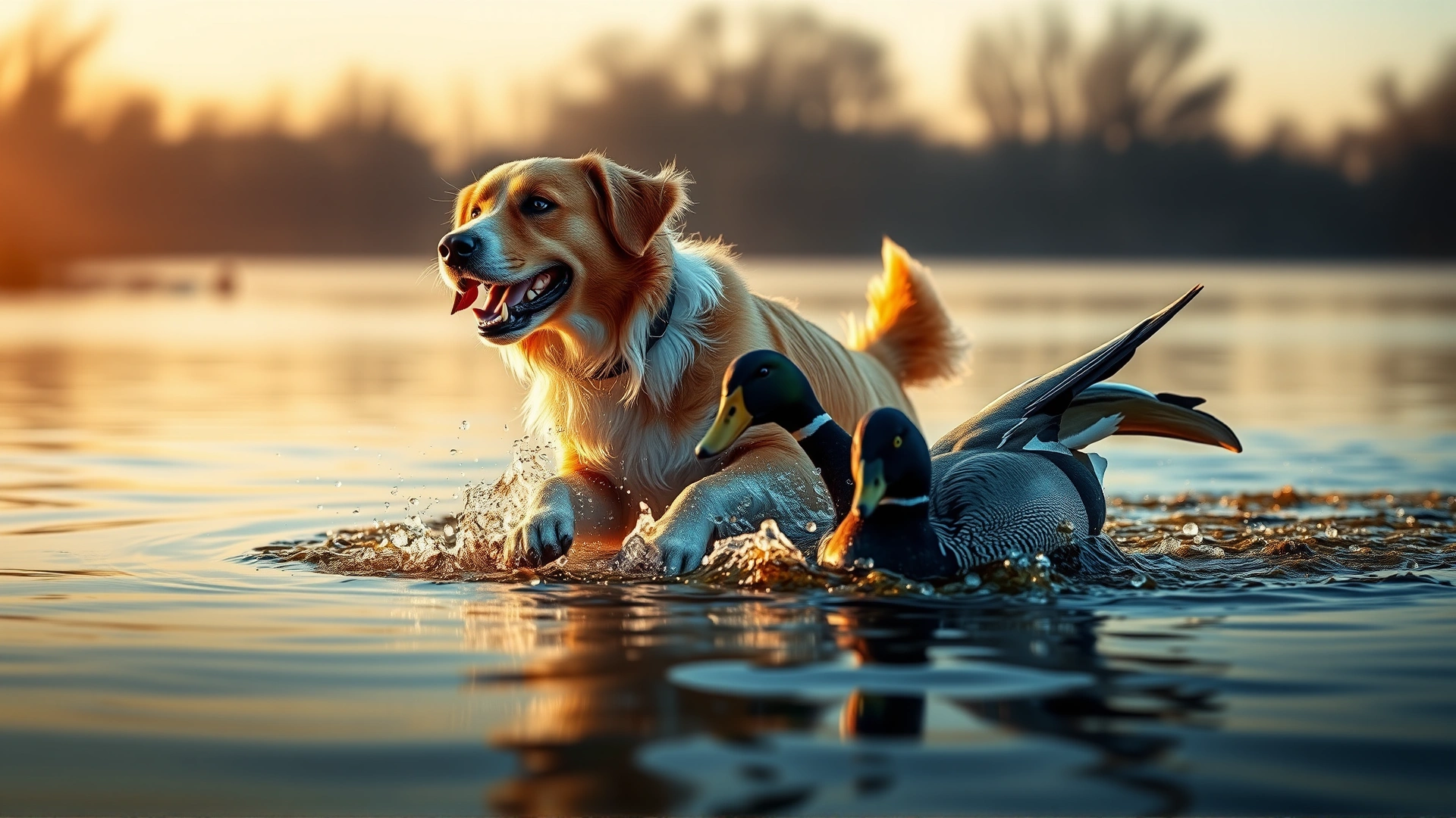 Nova Scotia Duck Tolling Retriever splashing through water while retrieving a duck decoy at sunrise