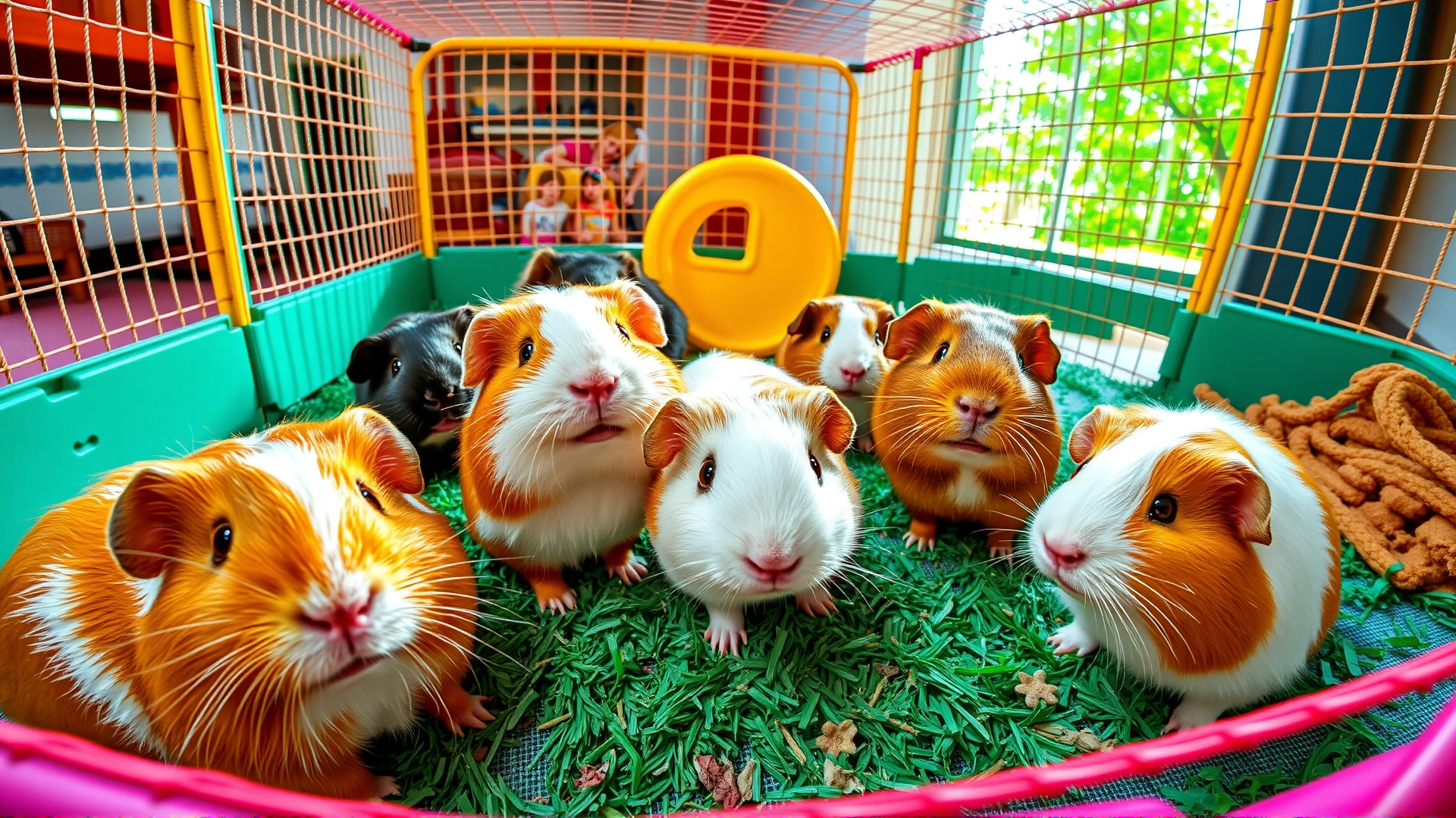 Wide shot of a happy guinea pig peeking out of a wooden hideout with a blurred living room background to create an inviting header ambience.