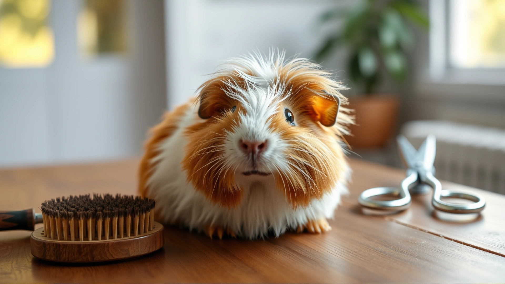 Wide hero banner photo of a well-groomed long-haired guinea pig sitting on a wooden table with grooming tools (brush, scissors) blurred in background, bright natural lighting