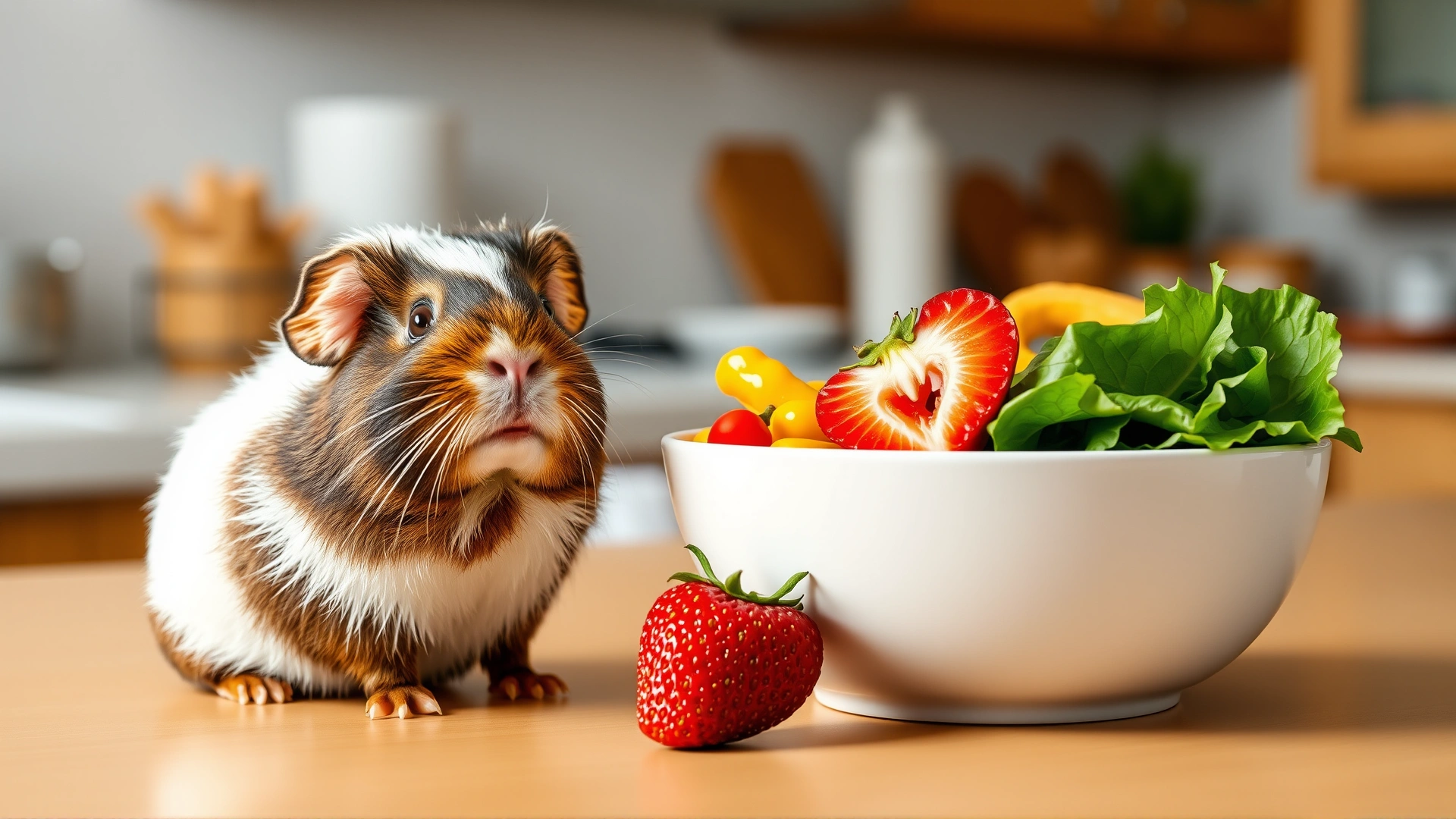 Cute guinea pig standing next to a bowl filled with assorted safe foods like leafy greens, bell peppers, and a slice of strawberry on a bright kitchen countertop, shallow depth of field.