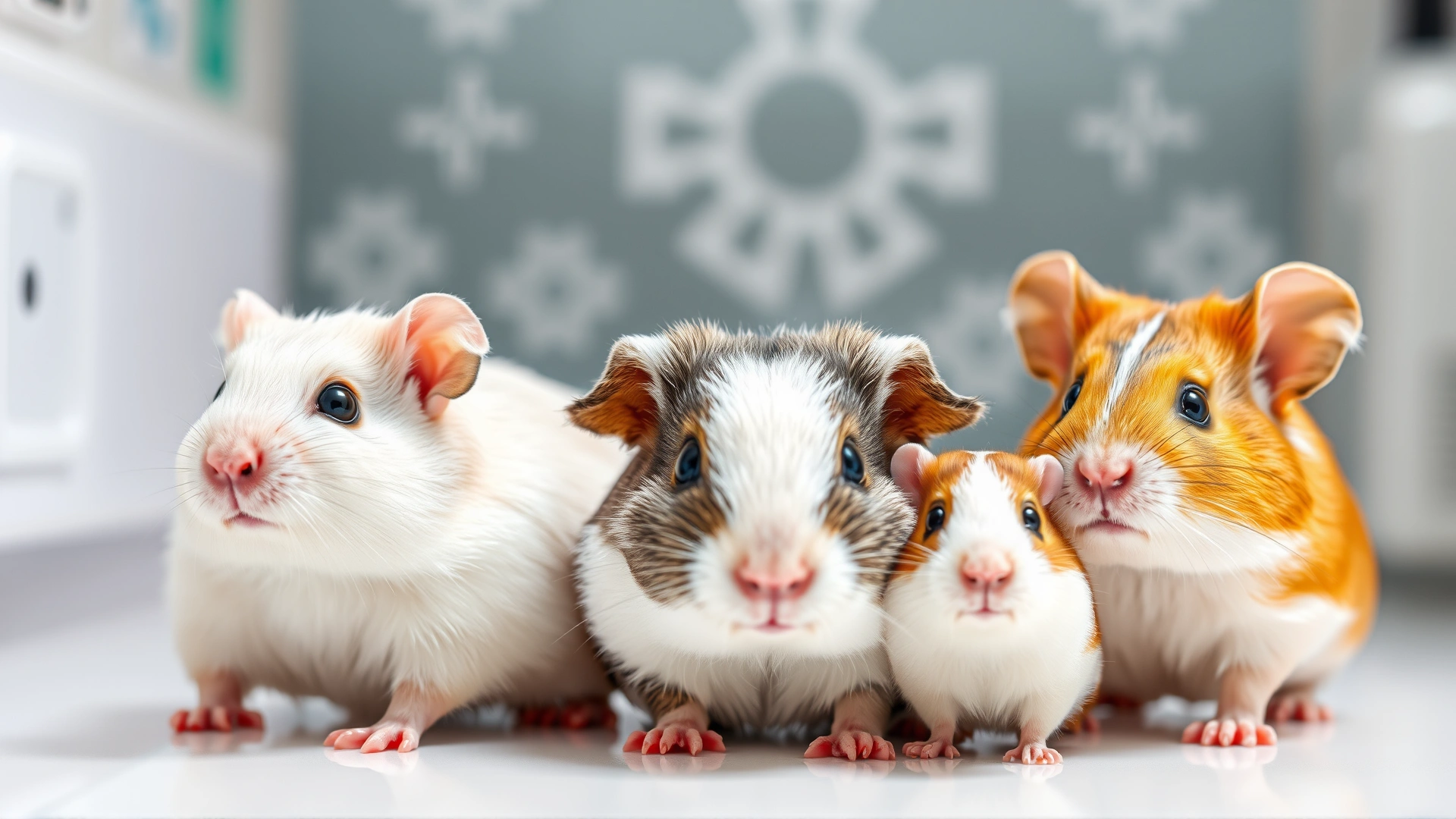 Bright, high-resolution image of a variety of small exotic pets (hamster, guinea pig and gerbil) sitting on a clean white surface, with subtle medical symbols faded in the background