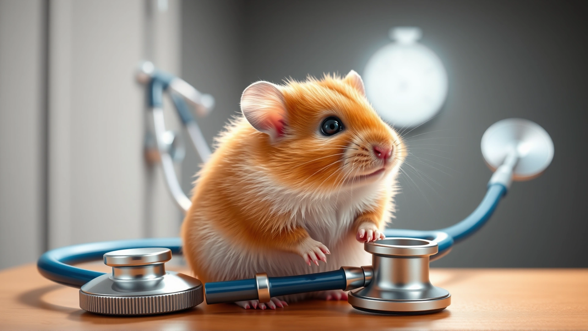 Cute golden Syrian hamster sitting on a veterinarian examination table with a stethoscope in the background, bright lighting, focus on hamster