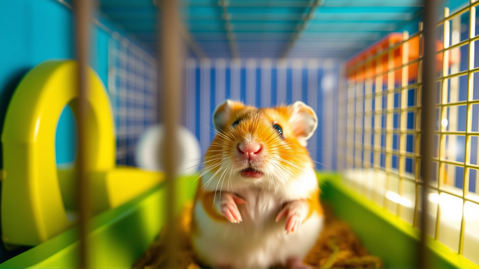 Wide-angle shot of a hamster in a clean and brightly lit cage, emphasizing hygiene and well-being
