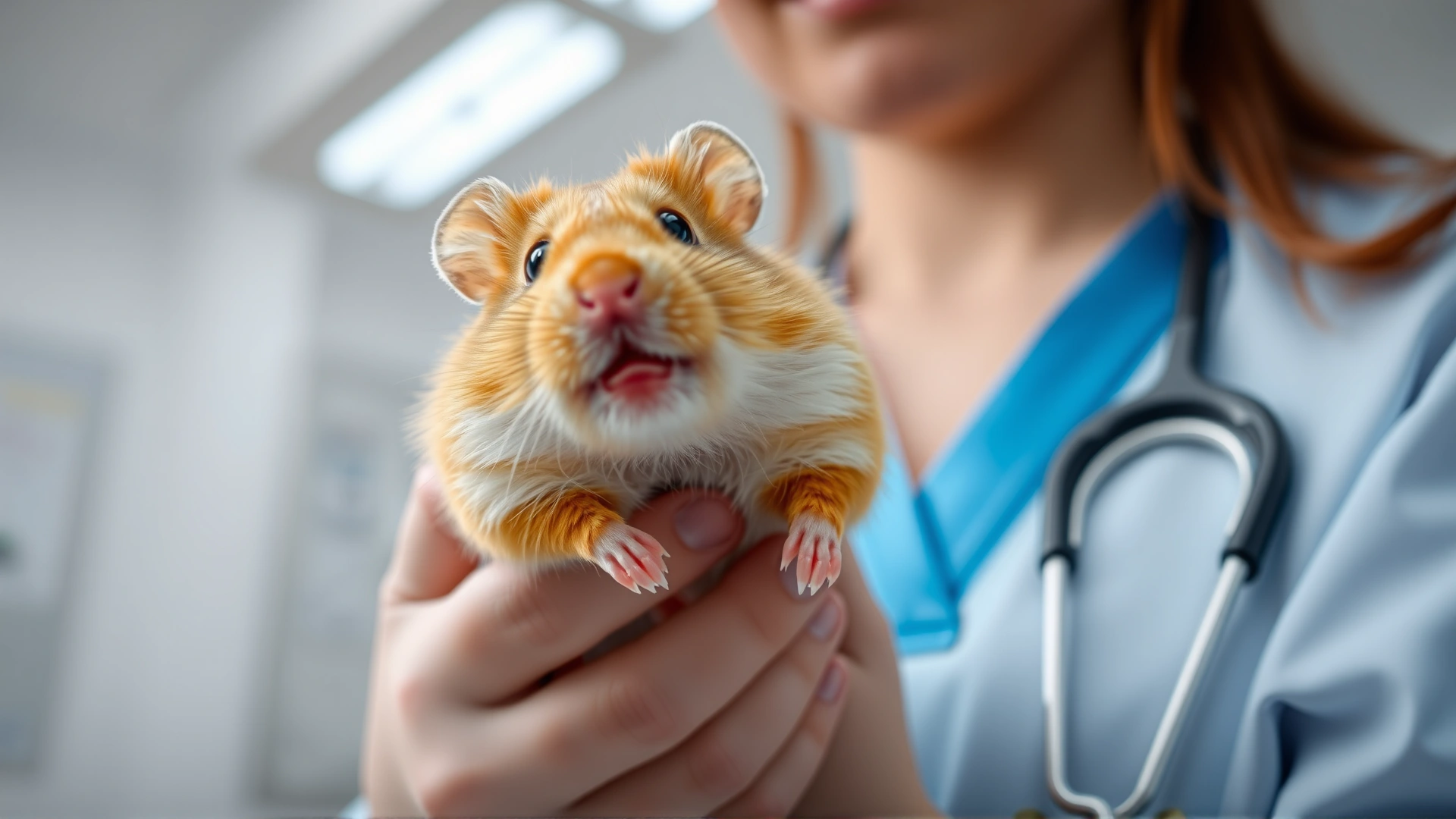 Wide-angle shot of a veterinarian holding a golden hamster in a clinical environment with soft lighting, conveying a sense of professional care