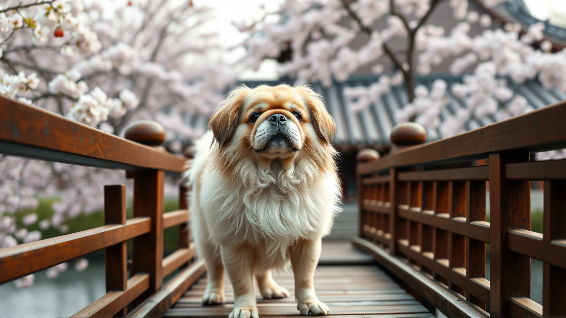 Wide-angle photograph of a proud Pekingese standing on a traditional Chinese wooden bridge with cherry blossoms in the background, early morning soft light