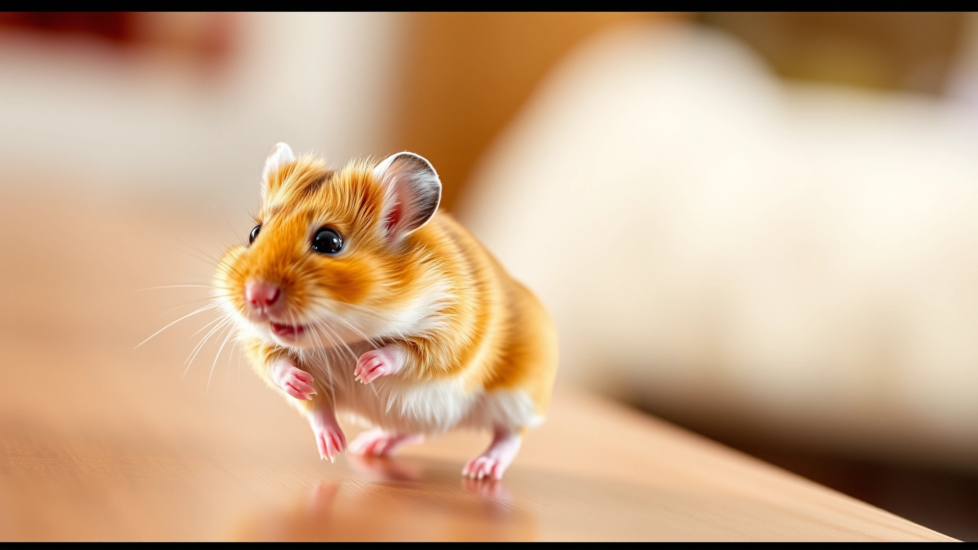 Wide banner photo of a healthy Syrian hamster running on a wooden surface with soft blurred background, bright and inviting lighting to set an uplifting tone.