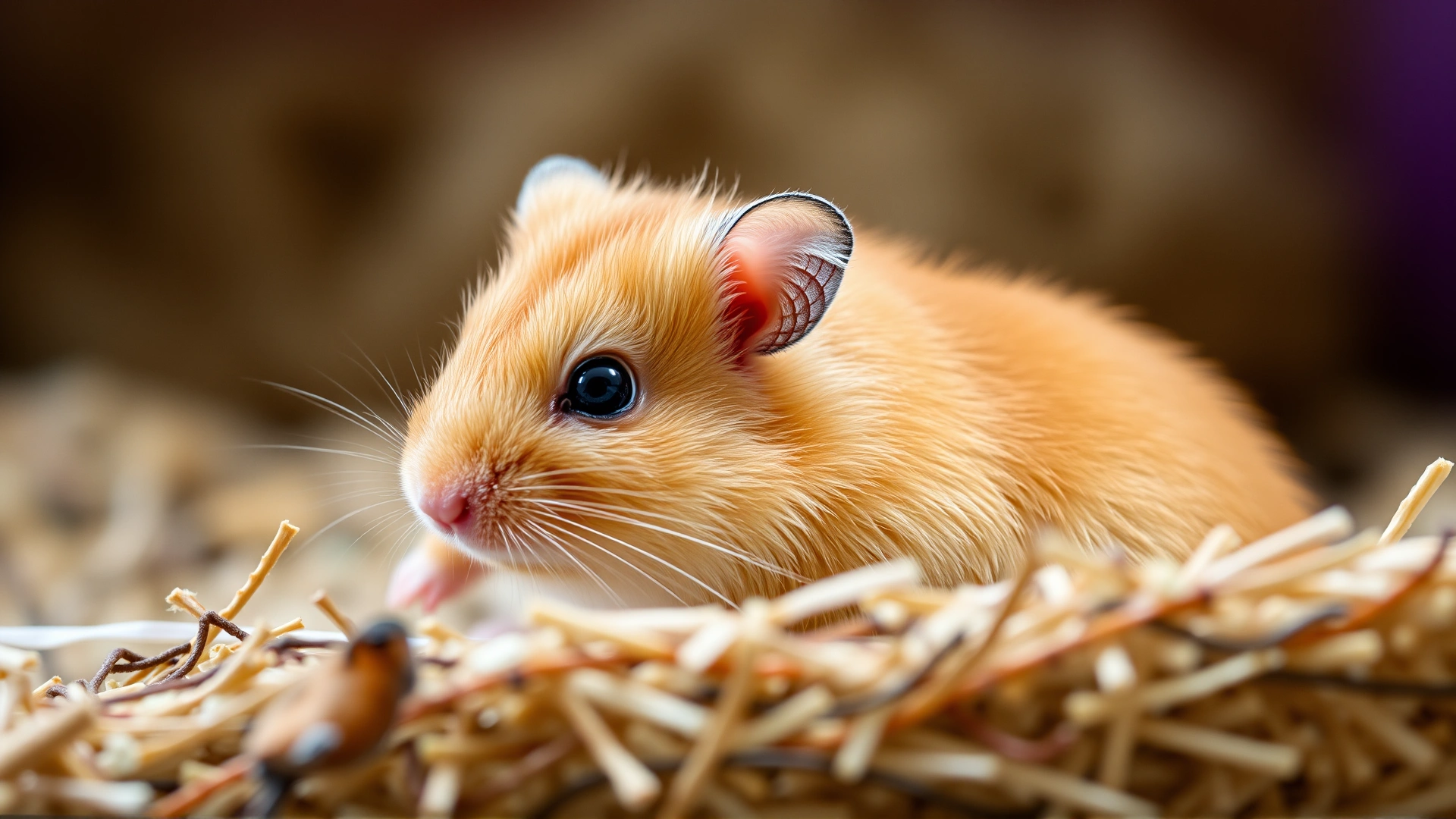 High-resolution macro shot of a golden hamster sitting on bedding, showing a round scaly bald spot on its face, natural pet habitat background