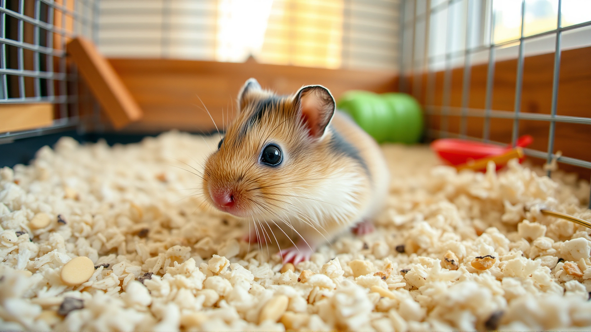 Wide-angle photo of a healthy Syrian hamster exploring clean bedding inside a spacious cage, shot with soft-focus background and natural warm lighting.