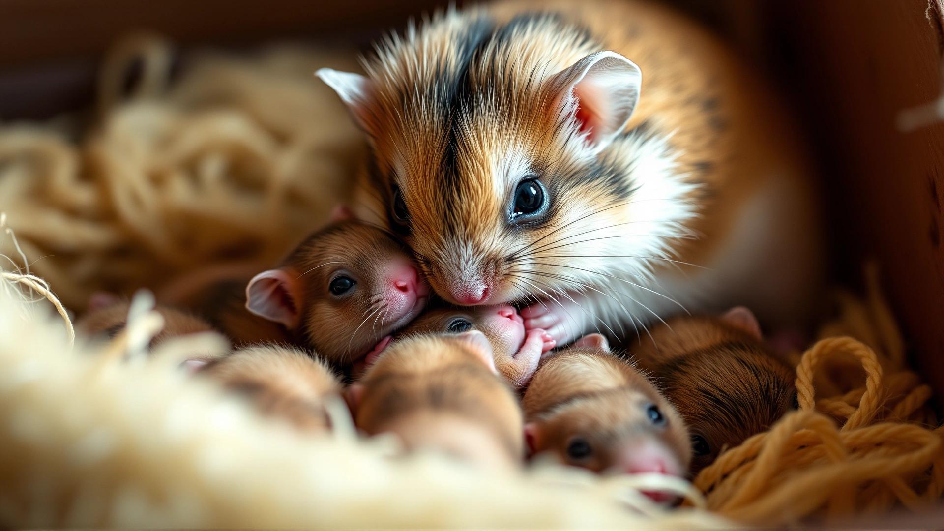 Close-up photo of a mother Syrian hamster cuddling newborn pups in soft bedding, warm lighting, focus on maternal care and breeding context