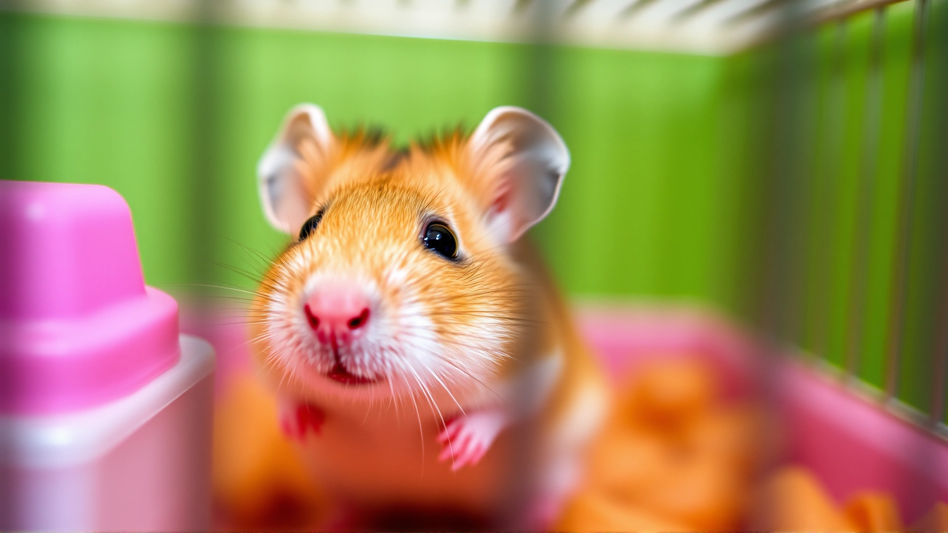 Calm close-up of a hamster looking curious inside its clean cage, soft lighting, shallow depth of field.