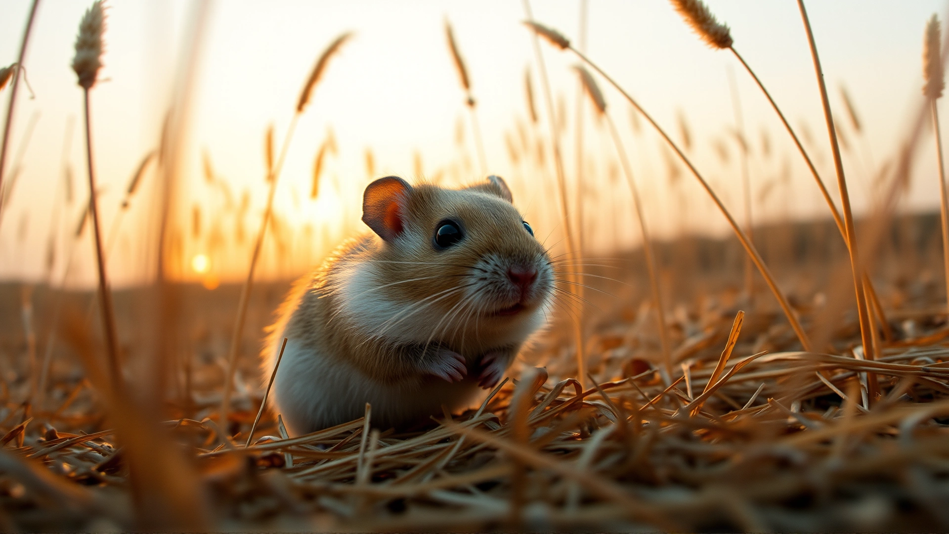 Wide-angle photo of a hamster in a dry grassland at sunset, golden sunlight illuminating tall grasses, conveying the connection between hamsters and their natural habitat