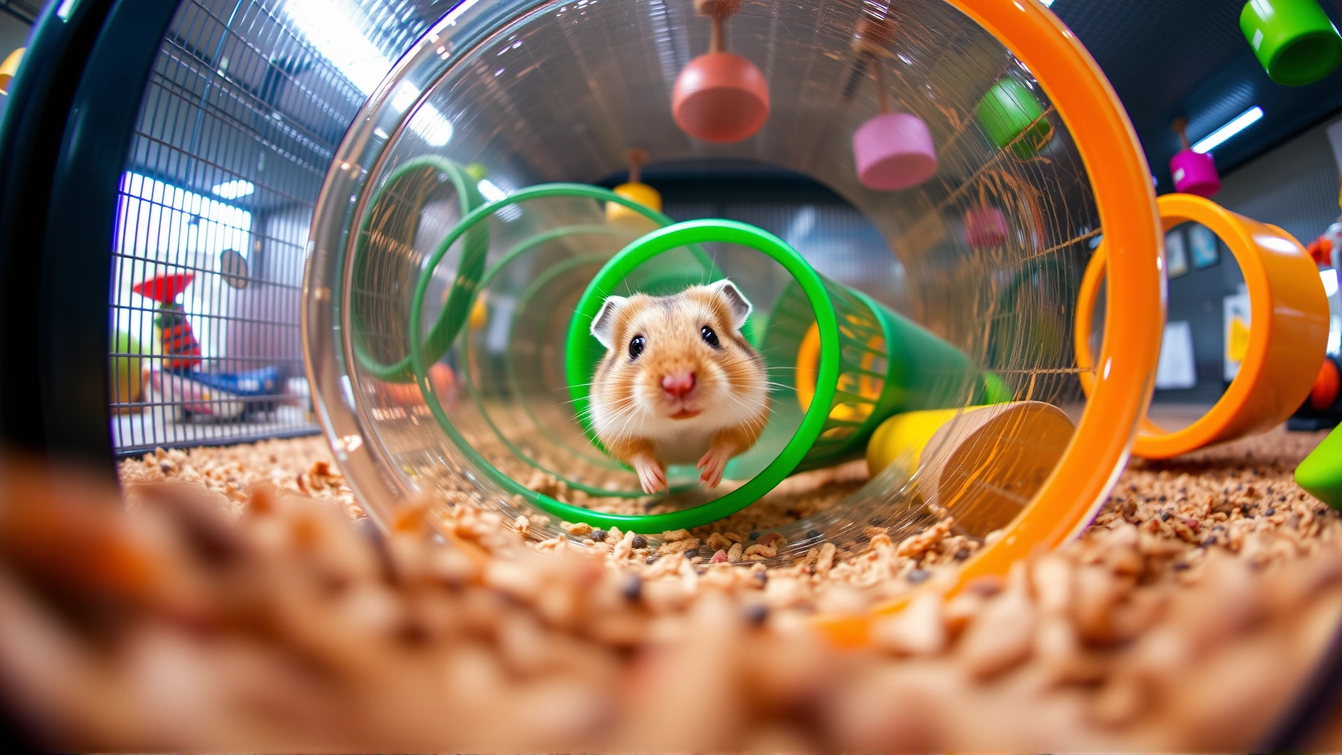 Wide-angle photo of a hamster running through colorful tubes in a modern enclosure, bright playful vibe