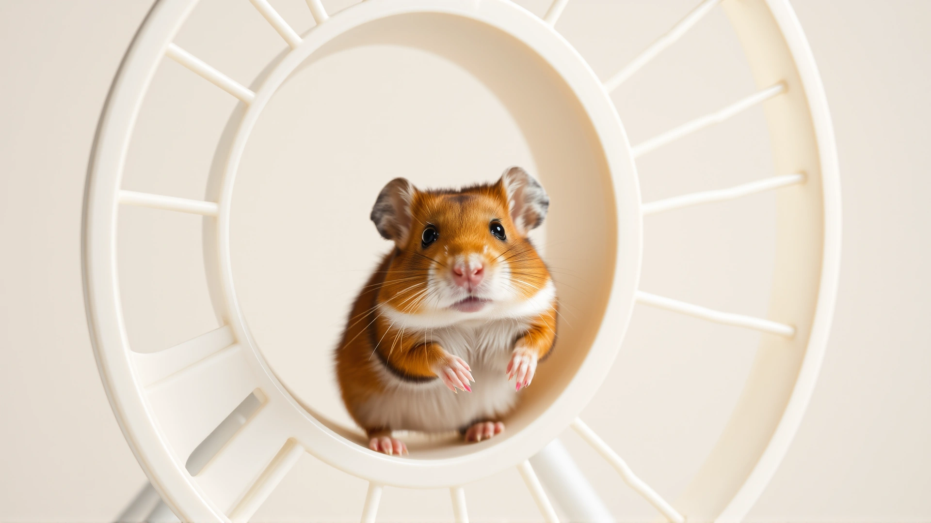 Cute hamster poking its head out of a large silent exercise wheel; bright neutral background, high resolution.