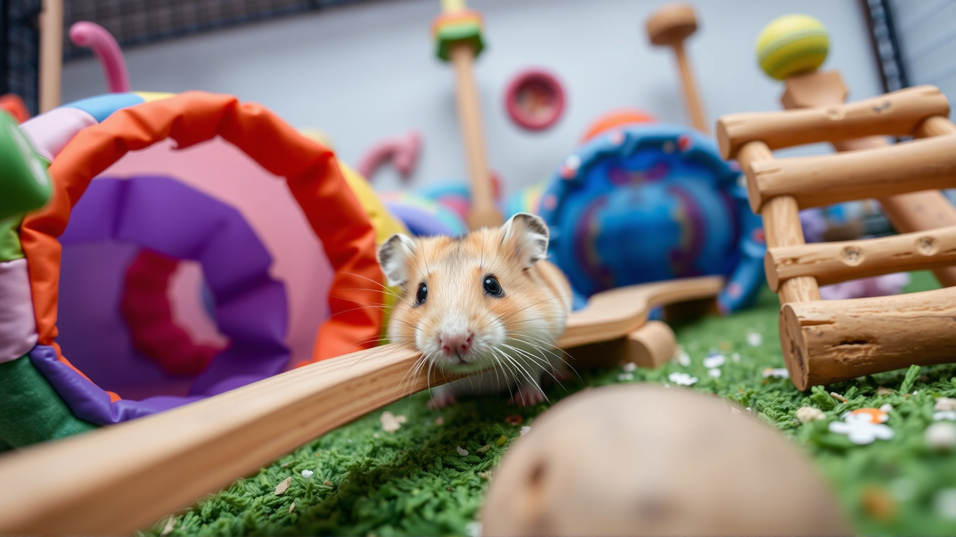 Playful hamster exploring a colorful enrichment setup with tunnels, wooden bridges, and chew toys; shot from a low angle to capture movement and curiosity.