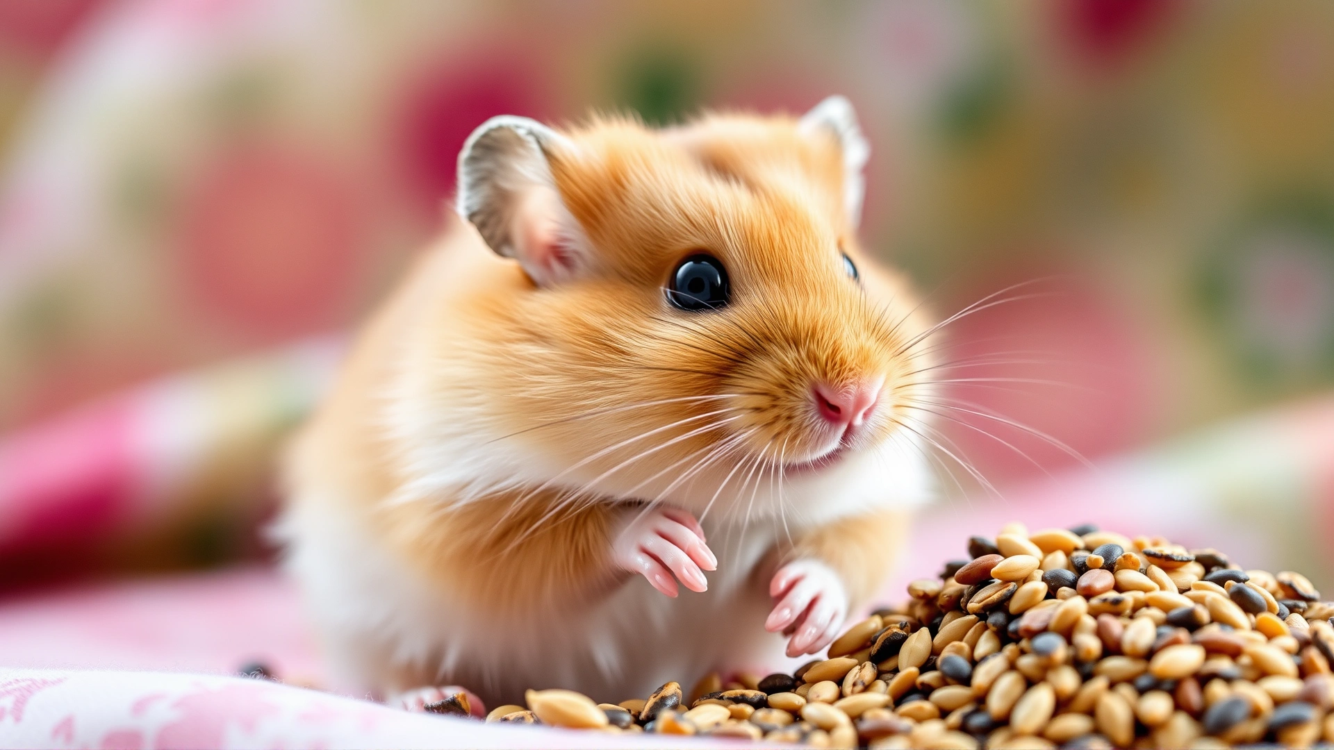 Cute golden Syrian hamster holding a crunchy seed mix in its paws with a soft-focus colorful background.