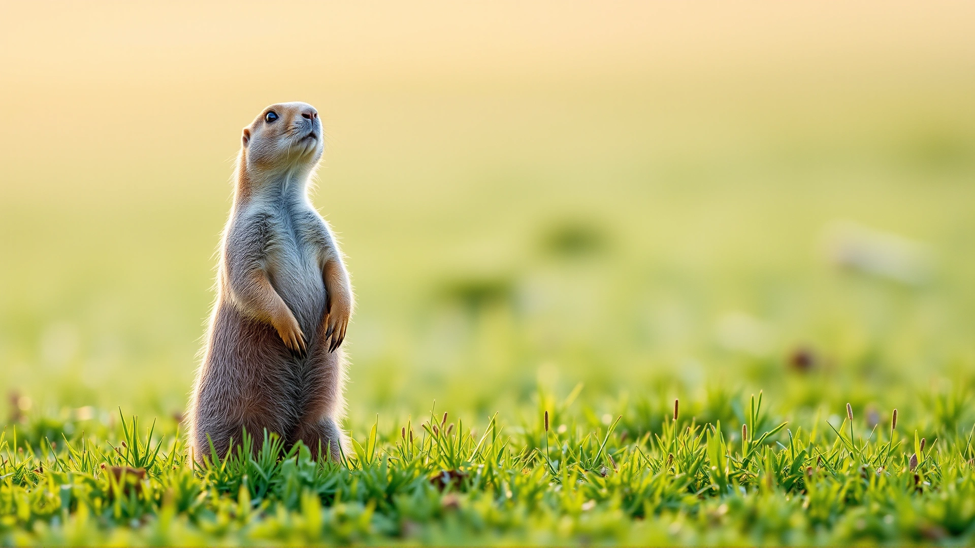 High-resolution photograph of a healthy prairie dog standing upright in a green meadow under soft morning light