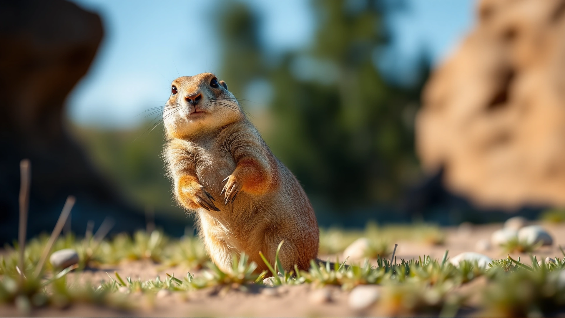 Wide-angle shot of a curious prairie dog standing on hind legs in a natural habitat, highlighting its limbs and posture