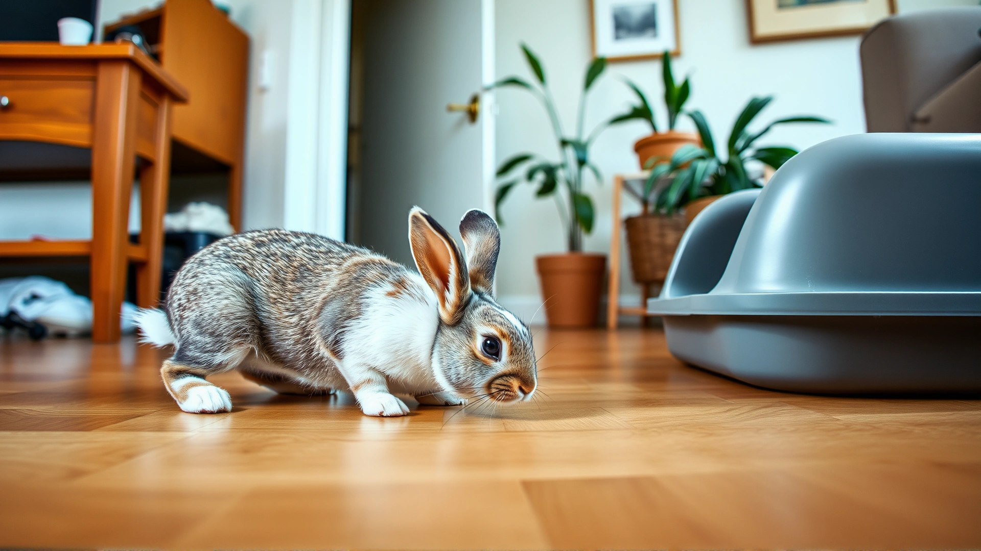 A wide-angle photo of a curious rabbit sniffing around a living room floor beside a litter box, demonstrating free-roam exploration.