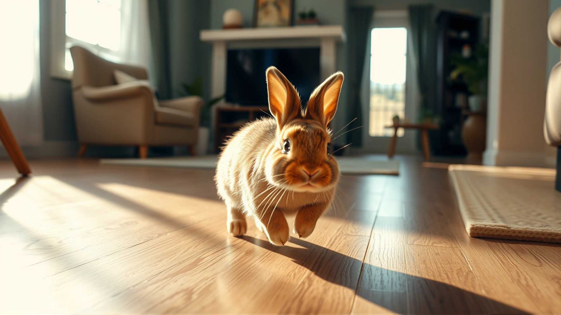 Wide-angle shot of a curious bunny hopping across a sun-lit living room floor, symbolizing a safe indoor environment.