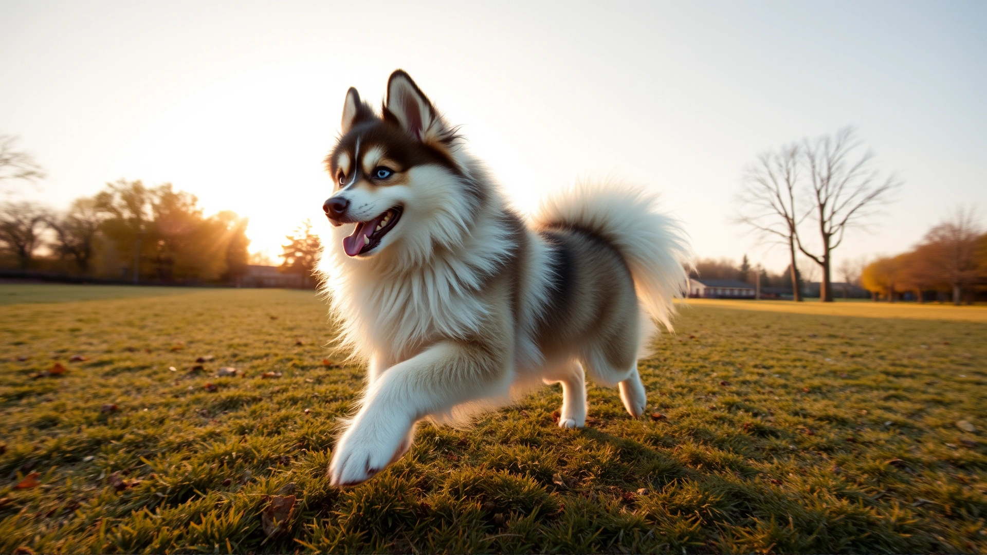 Wide-angle shot of an energetic adult Pomsky running toward the camera in an open park during golden hour, showcasing its plume tail and plush coat
