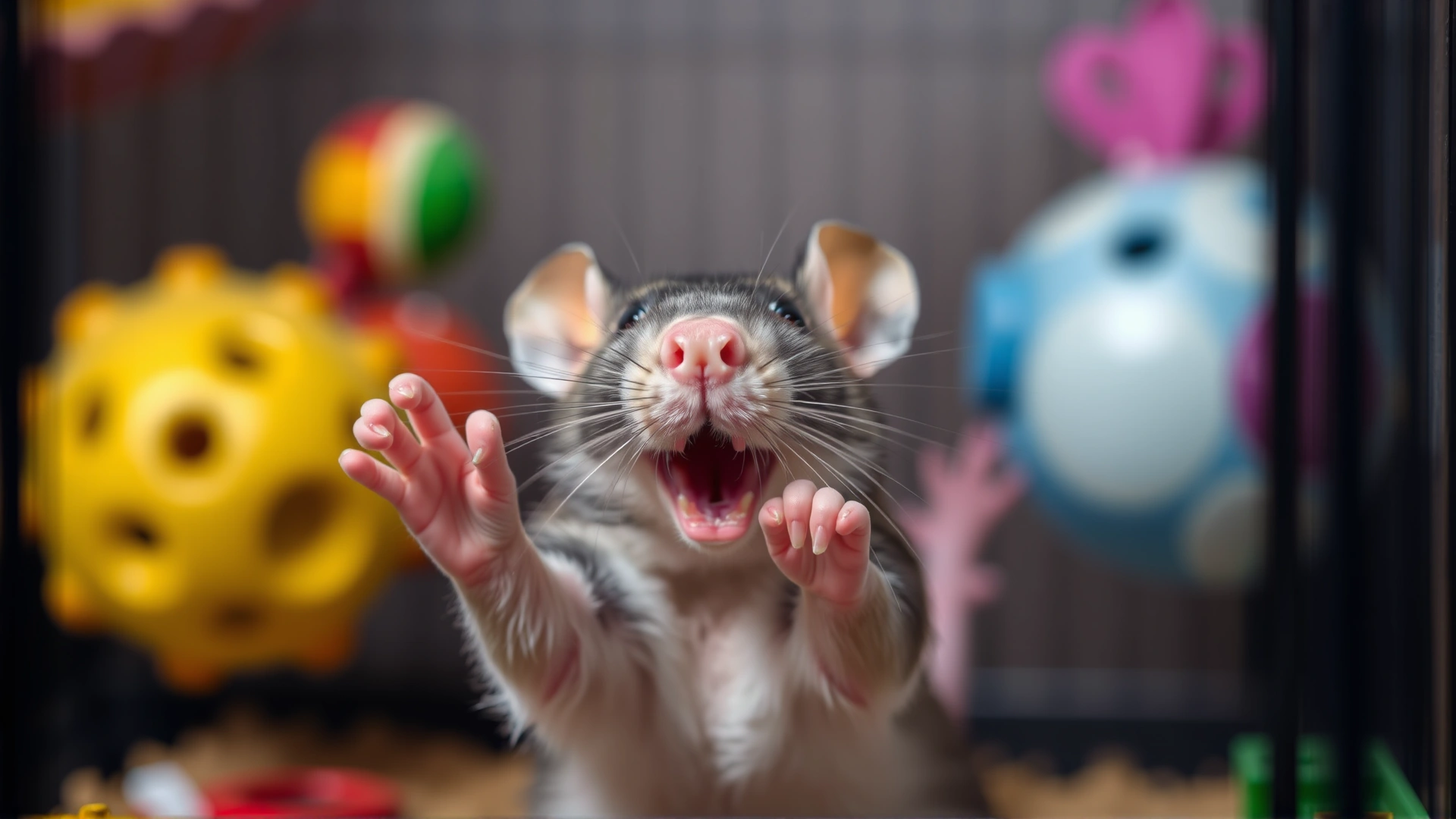 Close-up of a happy pet rat reaching out from its cage, with colorful toys blurred in the background