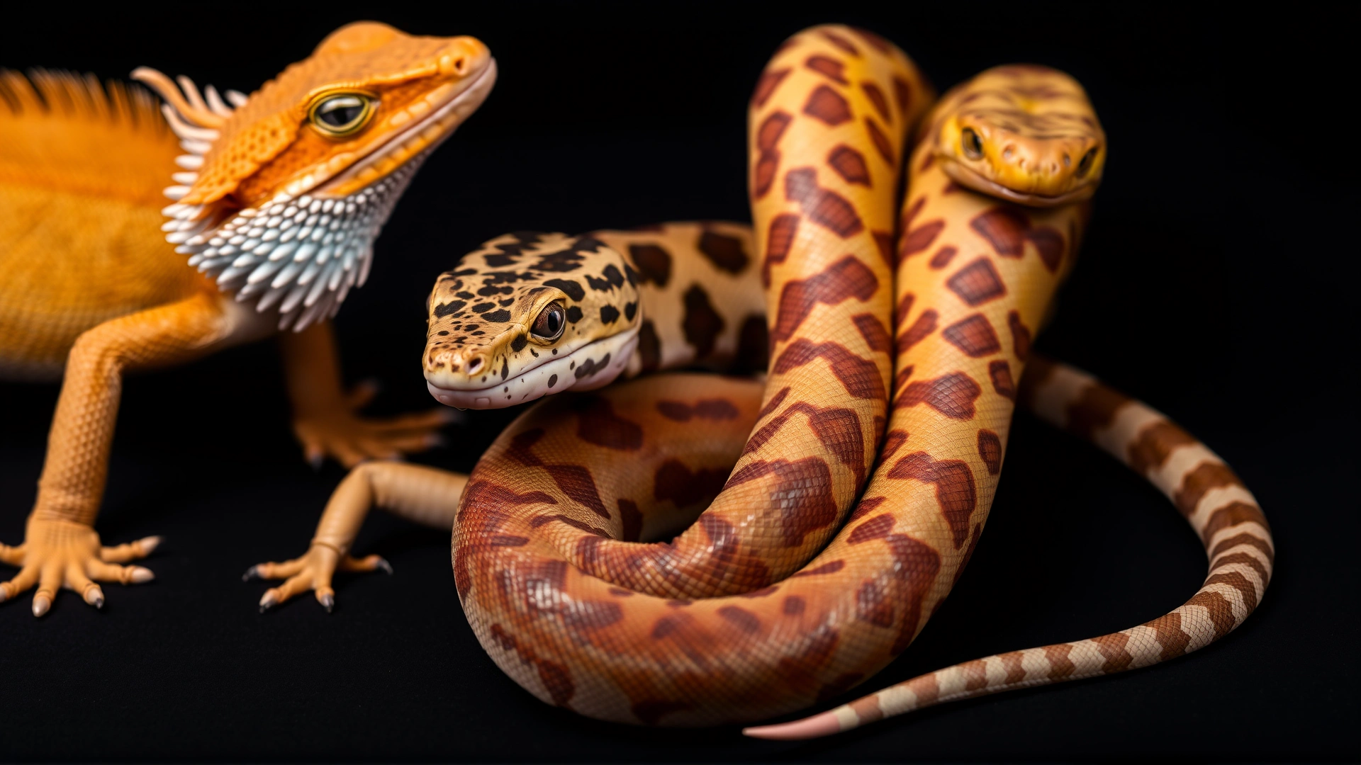 Macro photograph of various reptile species (bearded dragon, leopard gecko, corn snake) arranged against a dark gradient background, highlighting diversity of reptile pets