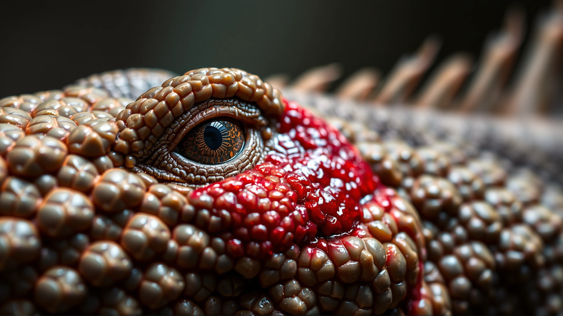 Macro shot of a reptile's scaly skin showing a red inflamed patch indicative of infection, soft natural light, high detail