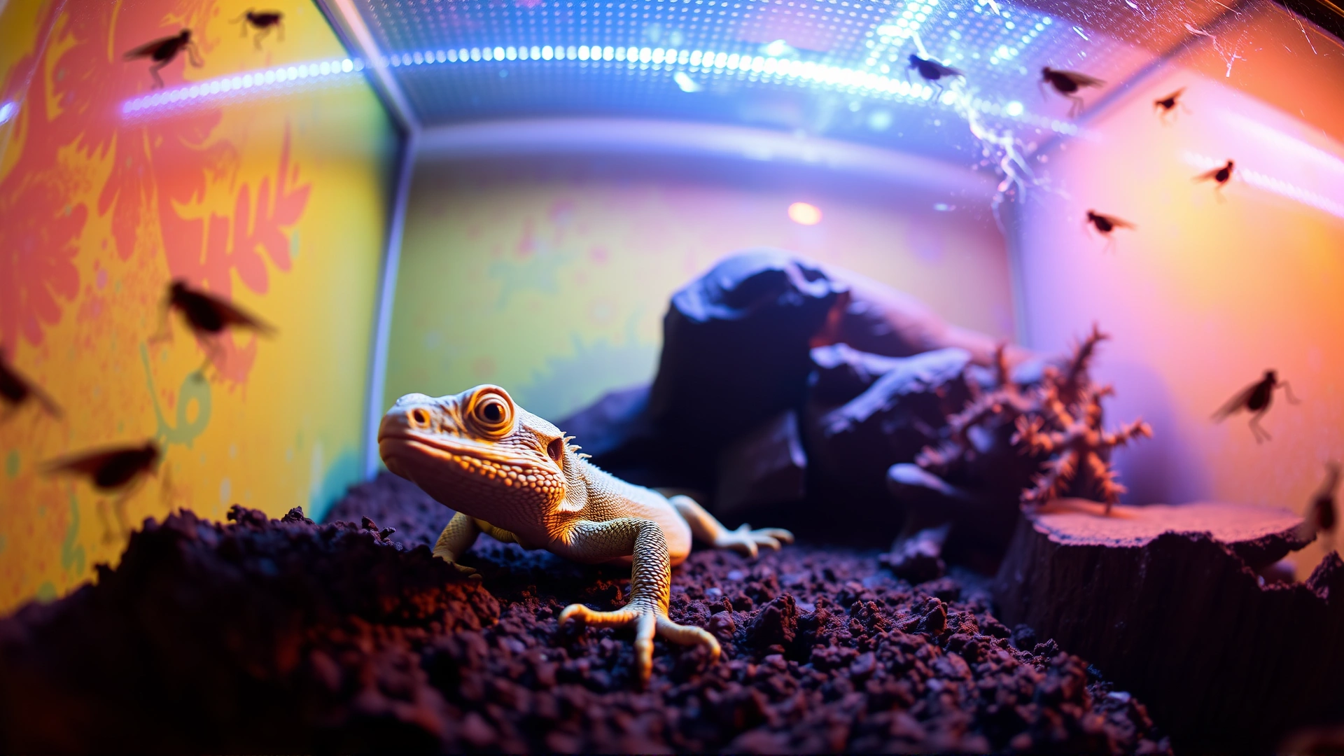 Wide-angle shot of a brightly lit reptile terrarium featuring a healthy lizard in focus, with faint silhouettes of fleas around the edges to imply potential infestation, vibrant colors