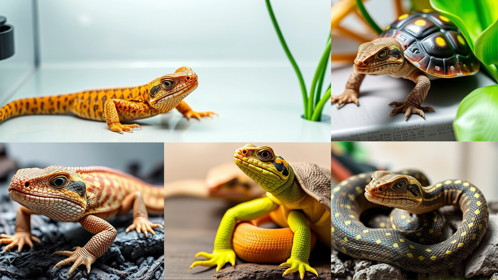 A colorful collage showing various pet reptiles (lizard, turtle, snake) in a clean terrarium environment, conveying overall reptile health and care.