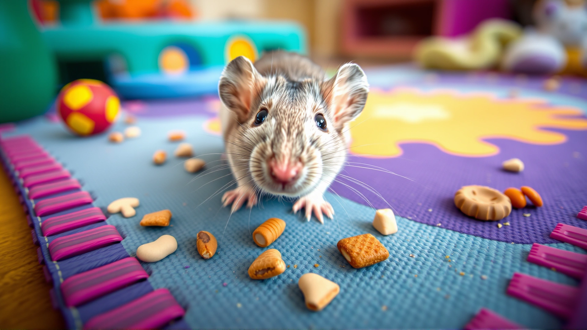 Wide-angle shot of a curious pet rat exploring a colorful training mat with scattered treats and small toys