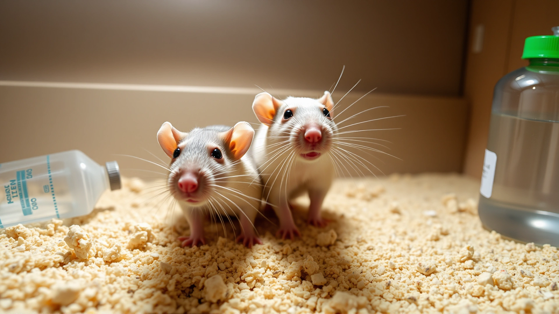 Wide banner image showing two pet rats exploring a clean, well-lit enclosure with fresh bedding and a water bottle, symbolizing healthy living conditions.