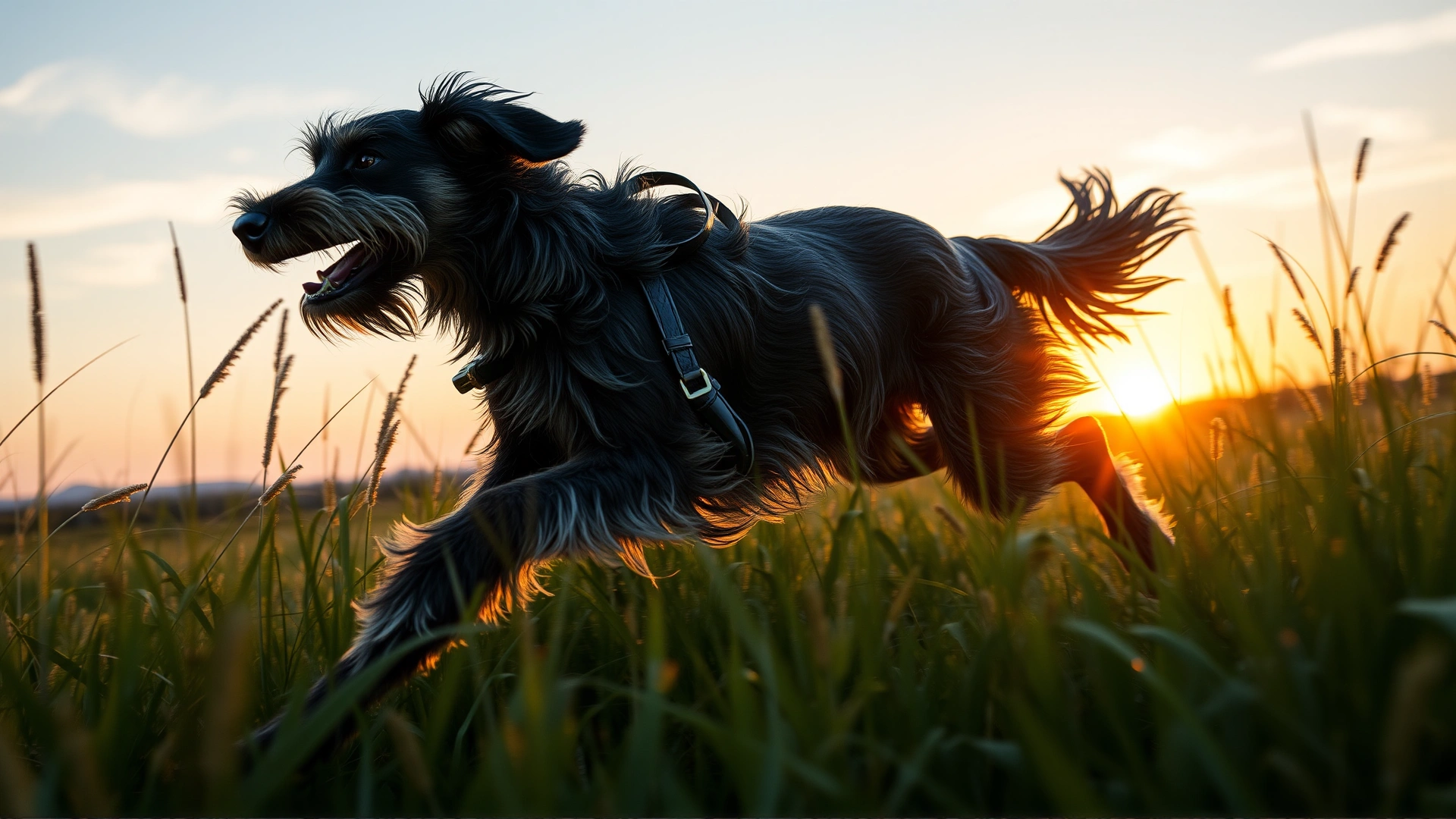 A dynamic outdoor shot of a Pudelpointer sprinting through tall grass, with motion blur and a sunrise backdrop