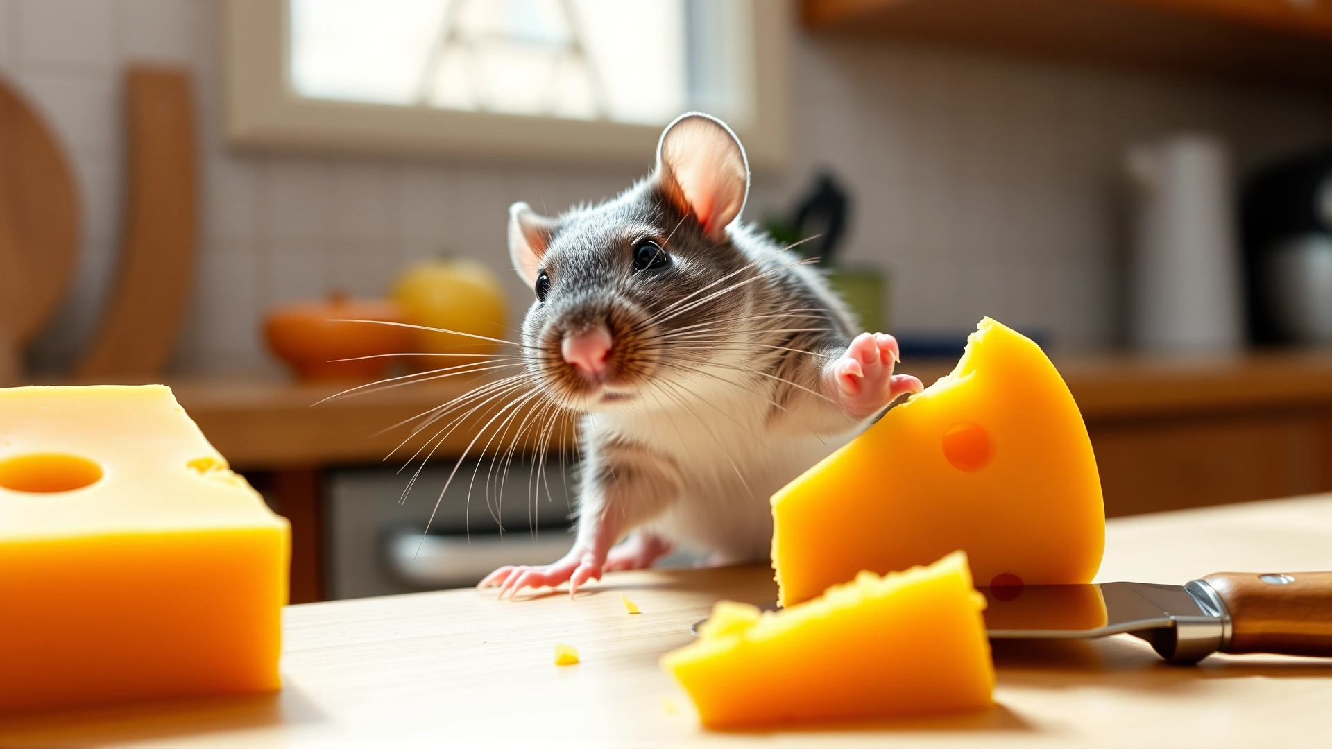 Playful domestic rat reaching toward a piece of cheddar on a kitchen countertop, bright daylight, high resolution