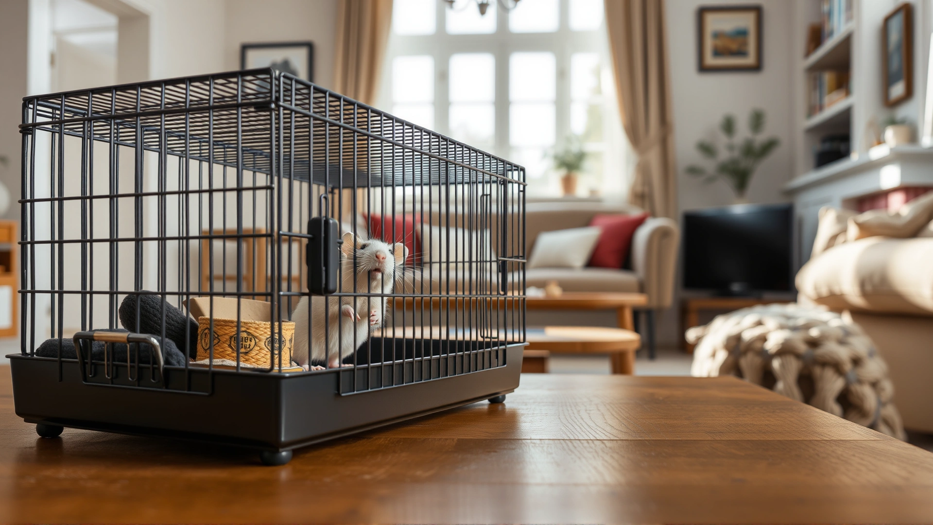 Wide-angle shot of a stylish rat cage placed on a wooden table in a bright living room, with a playful rat peeking through the bars, emphasizing a welcoming home environment