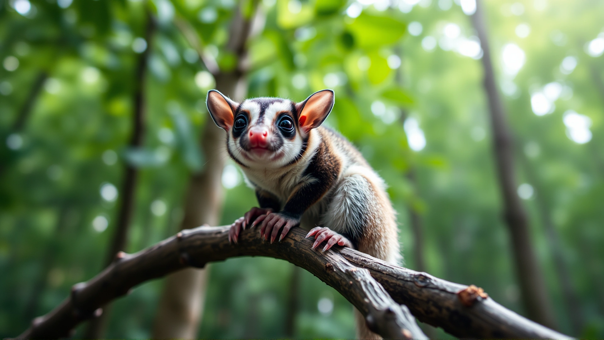 Wide-angle shot of a healthy sugar glider perched on a branch with a softly blurred forest background, conveying energy and vitality