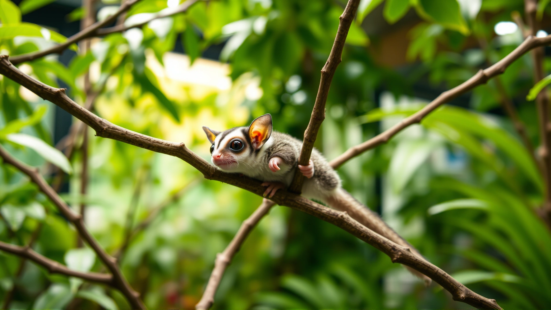 A playful sugar glider gliding between branches in a lush indoor enclosure, bright lighting, vibrant colors, capturing motion with slight blur in background.