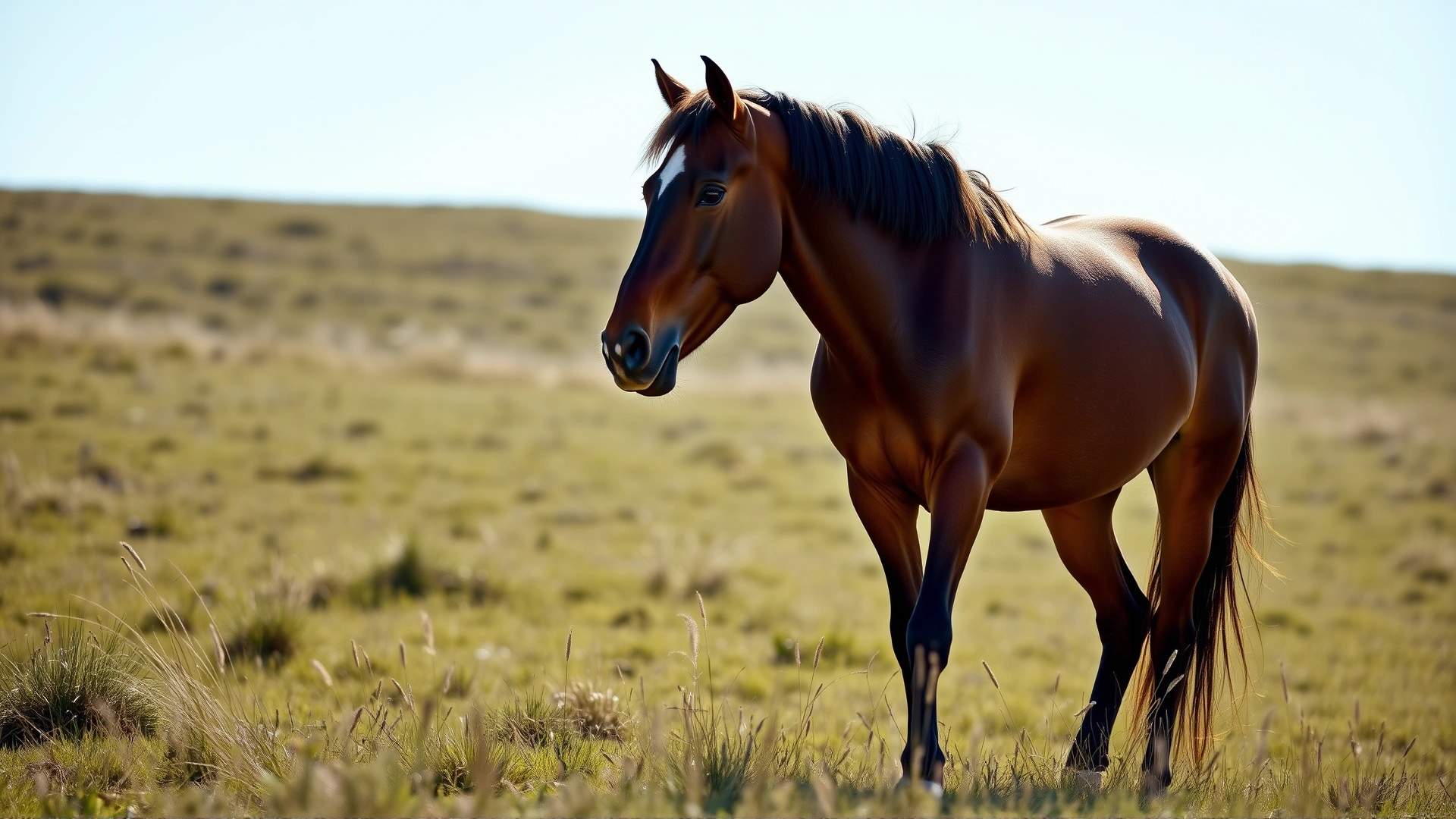 American Quarter Horse standing proudly in a grassy meadow under a bright blue sky; full-body profile view