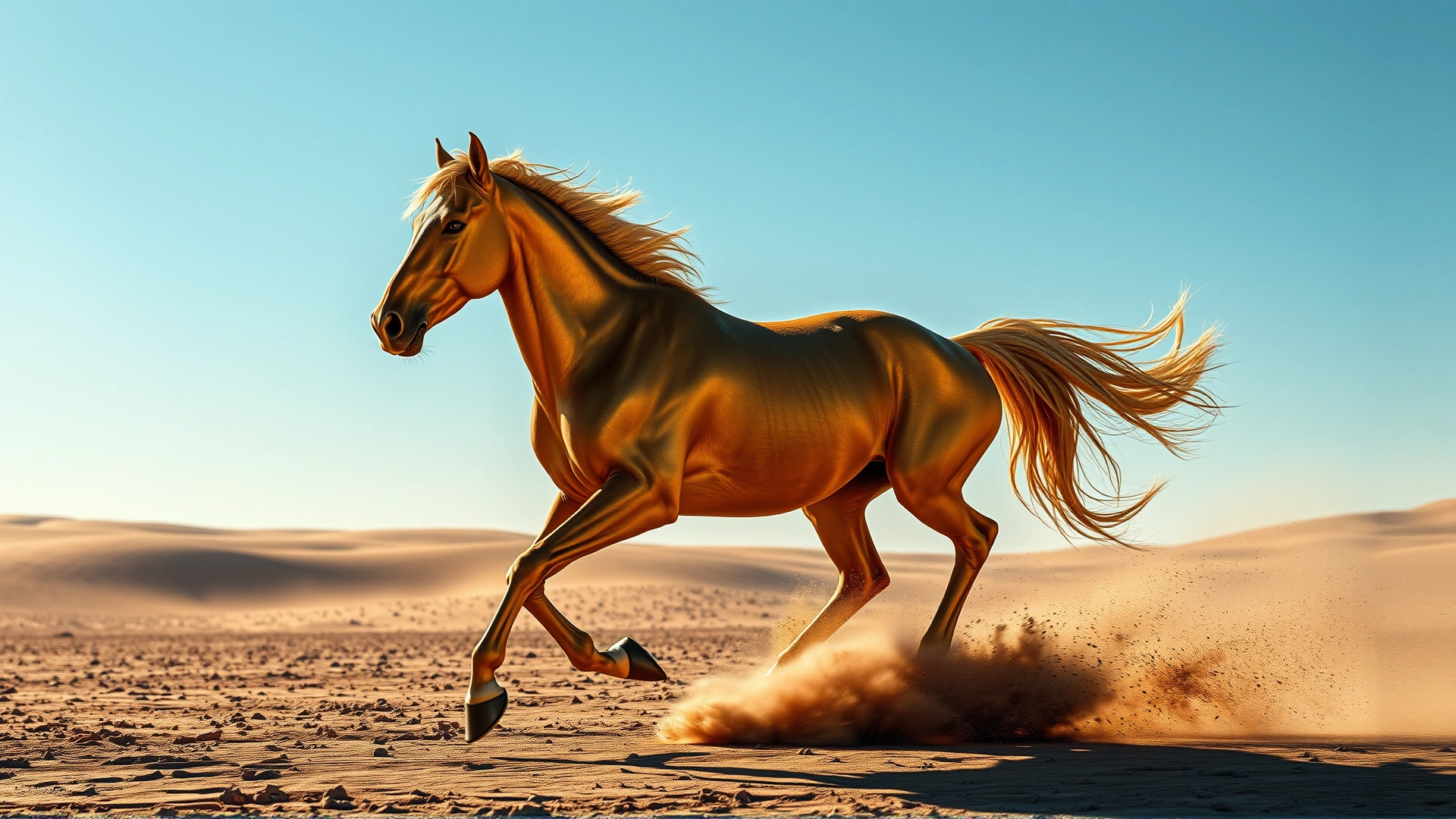 A majestic Akhal-Teke horse galloping across a sunlit desert plain, dust rising around it, highlighting its metallic golden coat